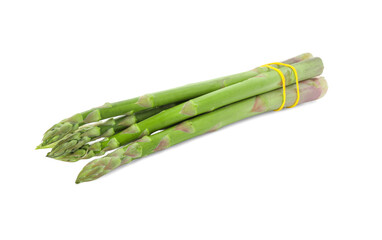 Bunch of fresh green asparagus stems on white background