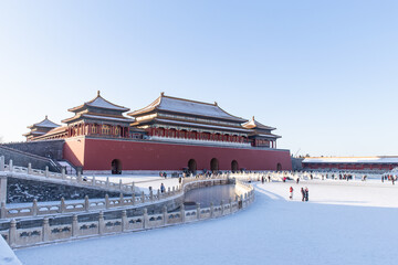 snow view of the Meridian Gate square of the Forbidden city