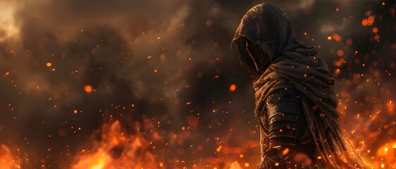Hooded man in burning and smoky place on dark night
