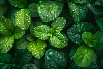 A photo that fills the screen with fresh green broadleaf tree leaves that are wet with rain or dew and forming water droplets.