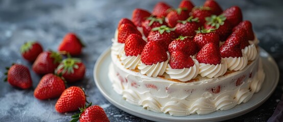 Strawberry cake viewed from above on a white plate with clean background, decorated with strawberries and cream for a fresh look, top-down perspective
