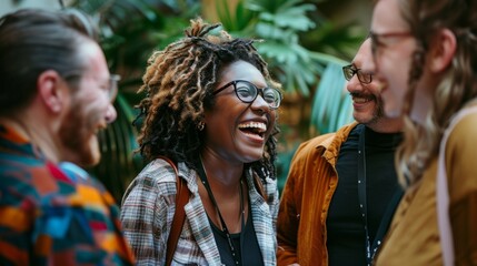 person sharing good news with a group of coworkers, all smiling. generative ai