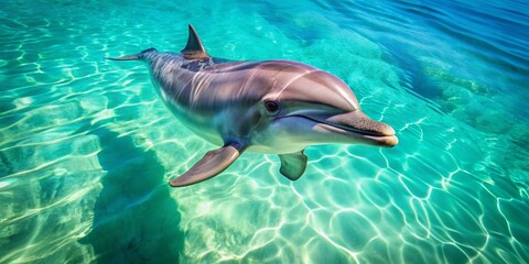 Playful dolphin swimming joyfully in crystal clear turquoise waters, marine life, aquatic animal, ocean, intelligent