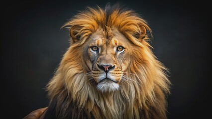 Fototapeta premium Magnificent male African lion with majestic mane and piercing eyes stares intensely against a dark black background solo.
