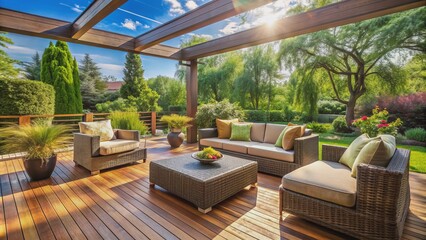 Fototapeta premium Serene wooden floored backyard terrace with plush seating, wicker ottoman, and cozy patio furniture on a sunny day awaits relaxation.