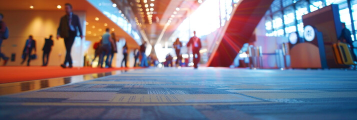 Naklejka premium Blurred image of people walking on carpet floor.