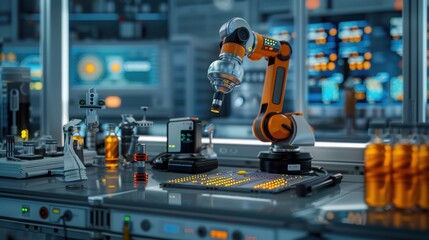 Fototapeta premium Advanced robotic arm in a high-tech laboratory conducting experiments with precision and efficiency, symbolizing futuristic technology.