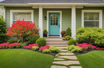 Front porch of house with teal door and lush landscaping