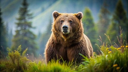 Fototapeta premium A majestic large brown bear in the wild , wildlife, animal, forest, wilderness, nature, fur, powerful, predator, beast, mammal, strong