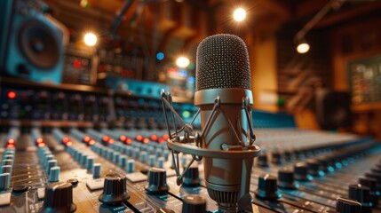 Boutique recording studio control desk Microphone in professional studio with blurred background musician and sound mixer. Musical instrument