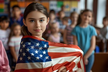 Young girl draped in the American flag standing with classmates in a school classroom.