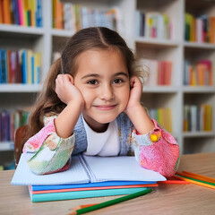 Niña estudiante alegre mirando al frente en la biblioteca