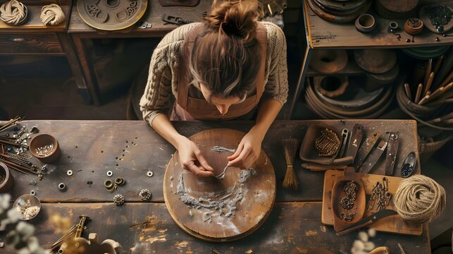 High angle view of female artisan making jewelry