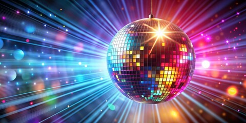 Obraz premium Disco ball with colorful rays shining at night party, Disco ball, night party, lights, sparkles, dancing, celebration, nightclub