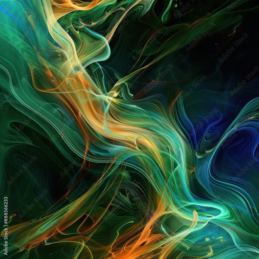 Poster abstract design with flowing, curved lines in shades of green, blue, and orange, creating a dynamic 