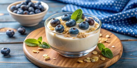 Creamy yogurt with oatmeal, blueberries, and banana , healthy, breakfast, dairy, fruity, delicious, fresh, homemade, organic