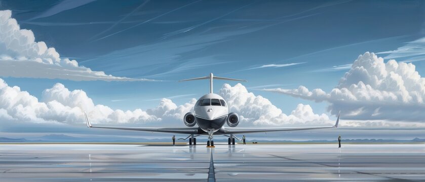 Sleek private jet on tarmac with stunning cloudscape, ready for takeoff under a vibrant blue sky. Luxurious travel and aviation concept.