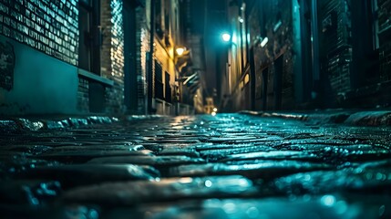 Obraz premium Dark and scary vintage cobblestone brick city alley
