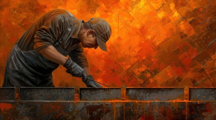 A diligent worker in a steel mill, focusing intently on metalwork against a fiery, orange background, representing industry and labor.