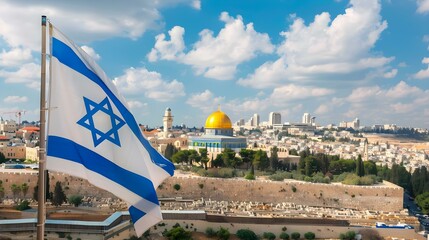 Fototapeta premium Jerusalem skyline with Israeli flag iconic landmark