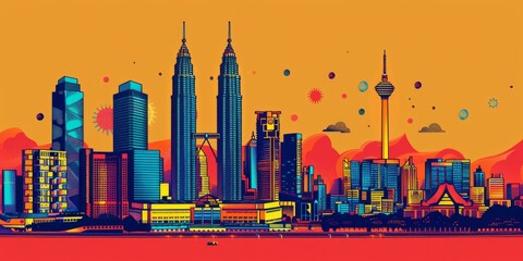 Fototapeta premium illustrated skyline kuala lumpur featuring iconic