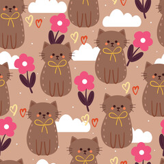 seamless pattern cartoon cat and flower with clouds. cute wallpaper for textile, gift wrap paper