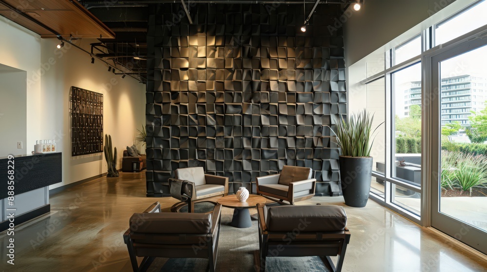 Aufkleber a modern accent wall featuring 3d panels painted in a matte black, adding depth and texture to the r
