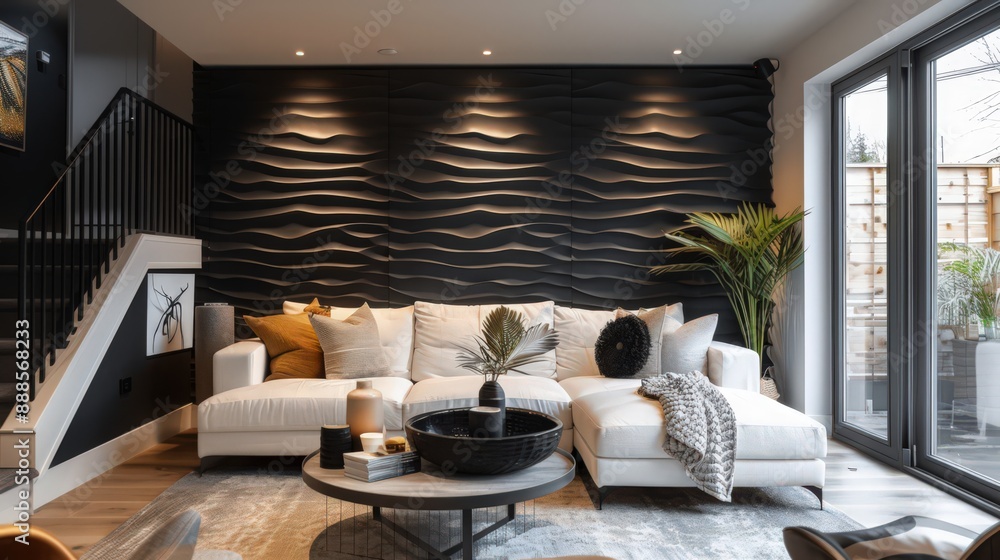 Poster a modern accent wall featuring 3d panels painted in a matte black, adding depth and texture to the r