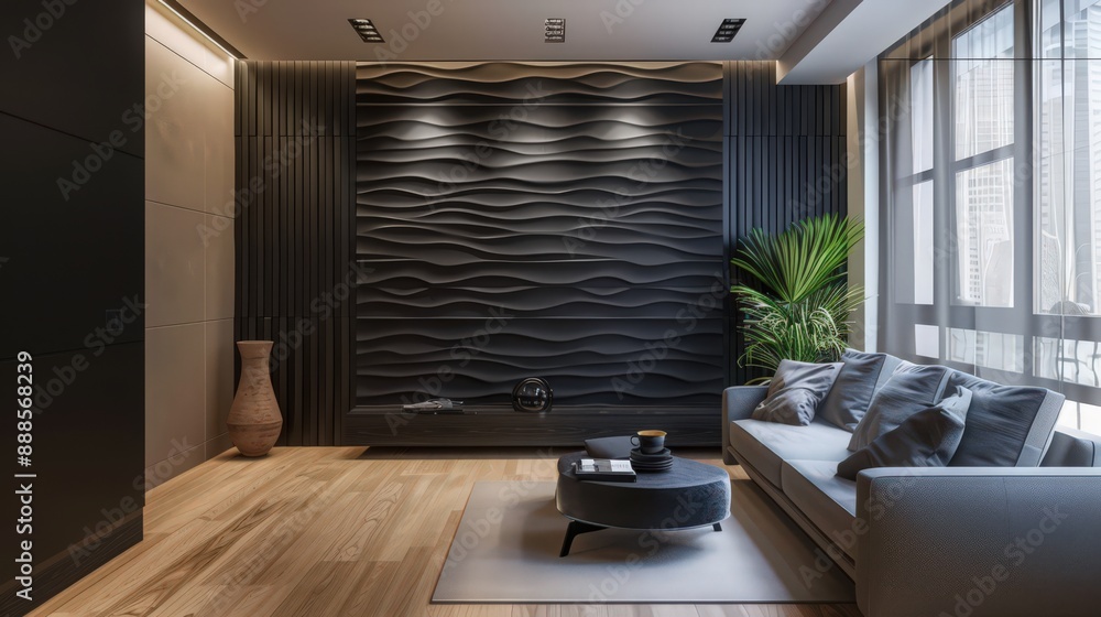 Poster a modern accent wall featuring 3d panels painted in a matte black, adding depth and texture to the r