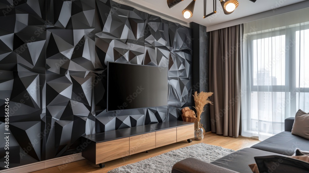 Aufkleber a modern accent wall featuring 3d panels painted in a matte black, adding depth and texture to the r