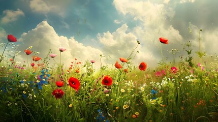 Field of colorful flowers under the sun