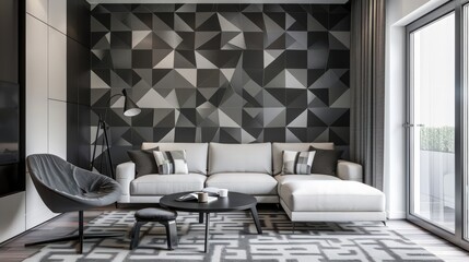 A modern accent wall with geometric wallpaper in monochrome tones, providing a stylish and contemporary focal point.