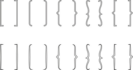 Set of Square and Curly double braces. Symmetric brackets pair, punctuation symbols for mathematics. Frames for math in outline styles. Retro parenthesis sign for text quote on transparent background.