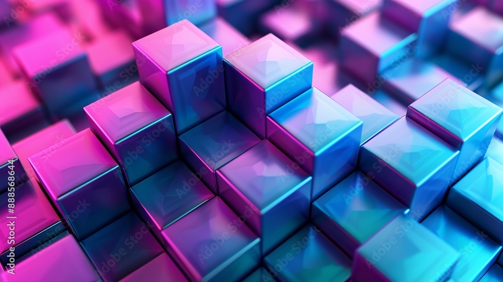 Poster 3d rendering of a pile of randomly sized cubes with a pink to blue gradient.