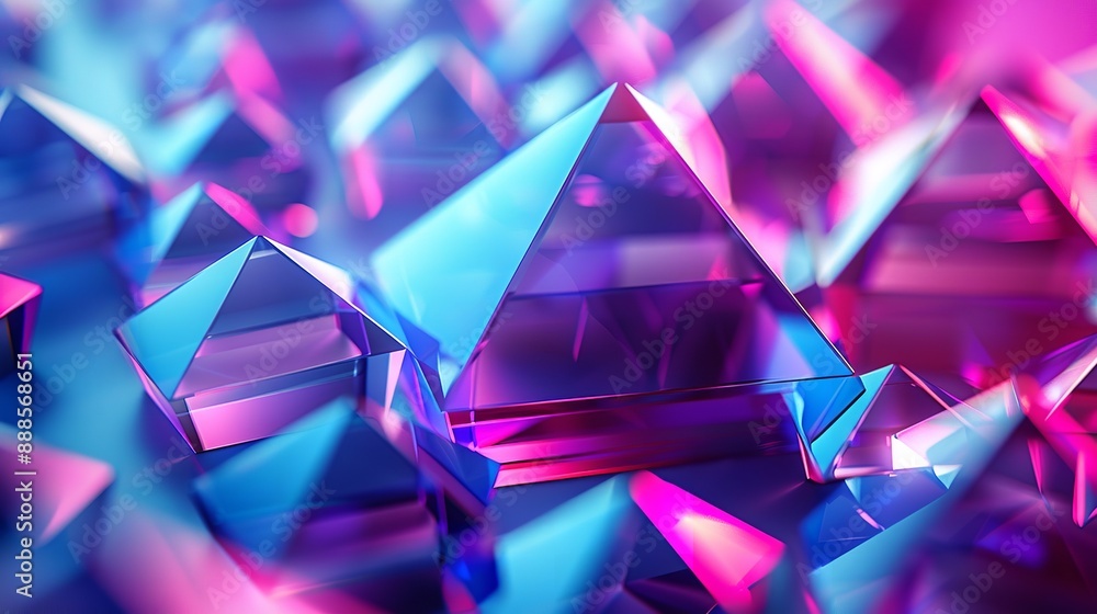 Poster 3d rendering of a pile of randomly sized cubes with a pink to blue gradient.