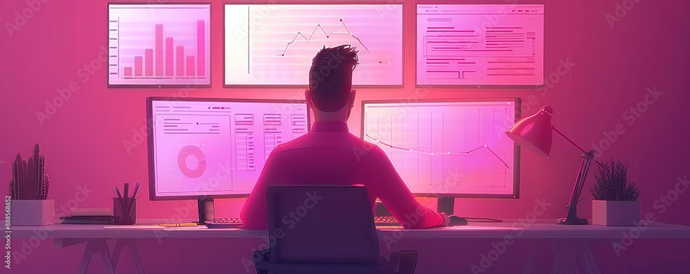 Poster a man is sitting at a desk with a computer monitor in front of him. he is working on a computer and 