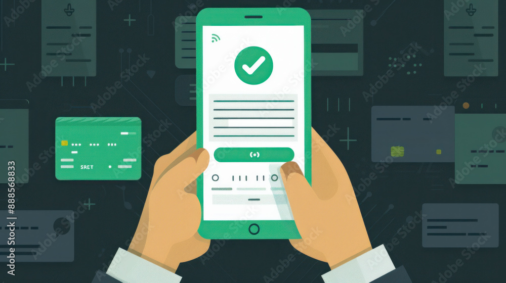 Poster a person is holding a cell phone with a green check mark on it. the phone is displaying a message th