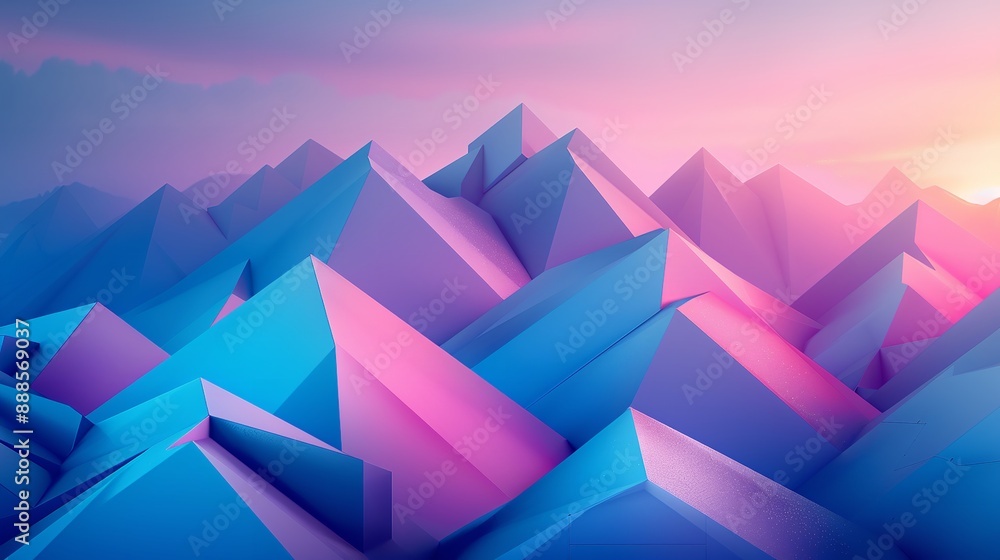 Poster 3d rendering of a pile of randomly sized cubes with a pink to blue gradient.