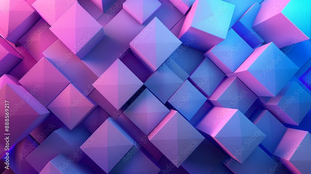 Poster 3d rendering of a pile of randomly sized cubes with a pink to blue gradient.