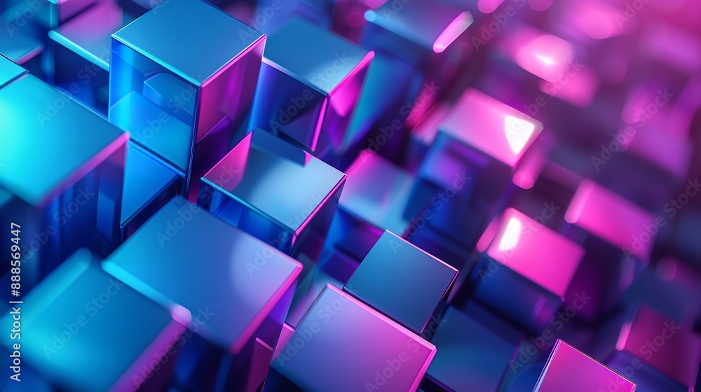 Fototapete 3d rendering of a pile of randomly sized cubes with a pink to blue gradient.