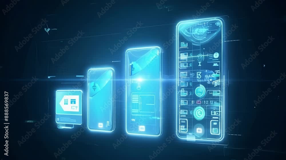 Poster holographic representations of different generations of payment technology showing how digital payme