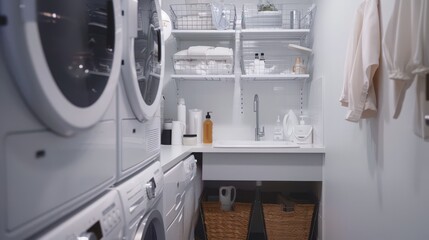 A small laundry room maximized with vertical storage, stackable appliances, and wall-mounted drying racks, ensuring functionality in a compact area.