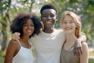 Smiling friends enjoying a sunny day in the park, capturing youthful joy and friendship.