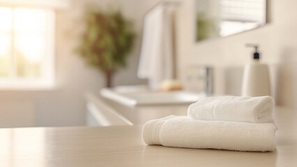 Stack of towels with blurred white modern bathroom interior background