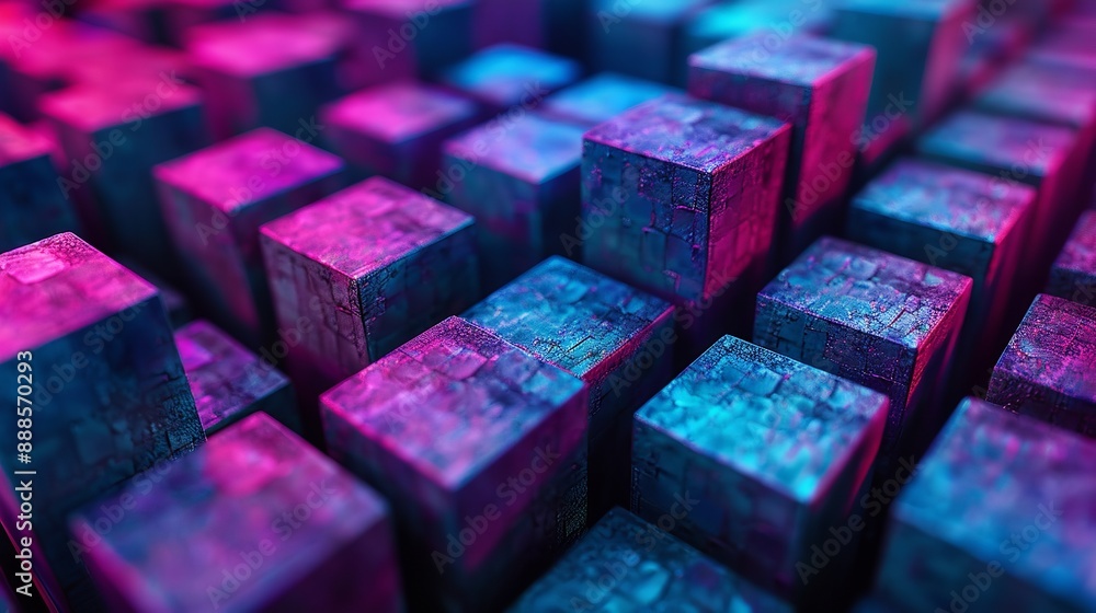 Poster 3d rendering of a pile of randomly sized cubes with a pink to blue gradient.
