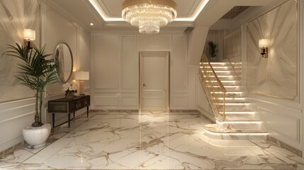An elegant entryway with marble surfaces, gold accents, and a statement chandelier, creating a luxurious and sophisticated entrance.
