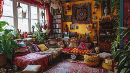 Obraz premium Bohemian interiors feature vibrant colors, a variety of patterns, and an abundance of personal artifacts, creating a uniquely expressive and cozy home.