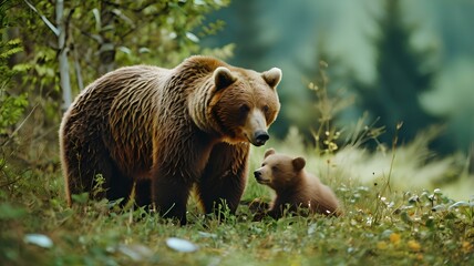 Obraz premium Mother bear and cubs Go for a walk in the big forest.