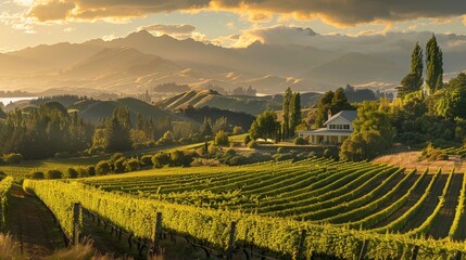 A panoramic view of the vineyards with mountains and sunlit rows of grapevines.