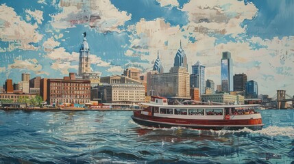 Depict the Philadelphia skyline from the perspective of a boat on the Delaware River, capturing the city's waterfront charm